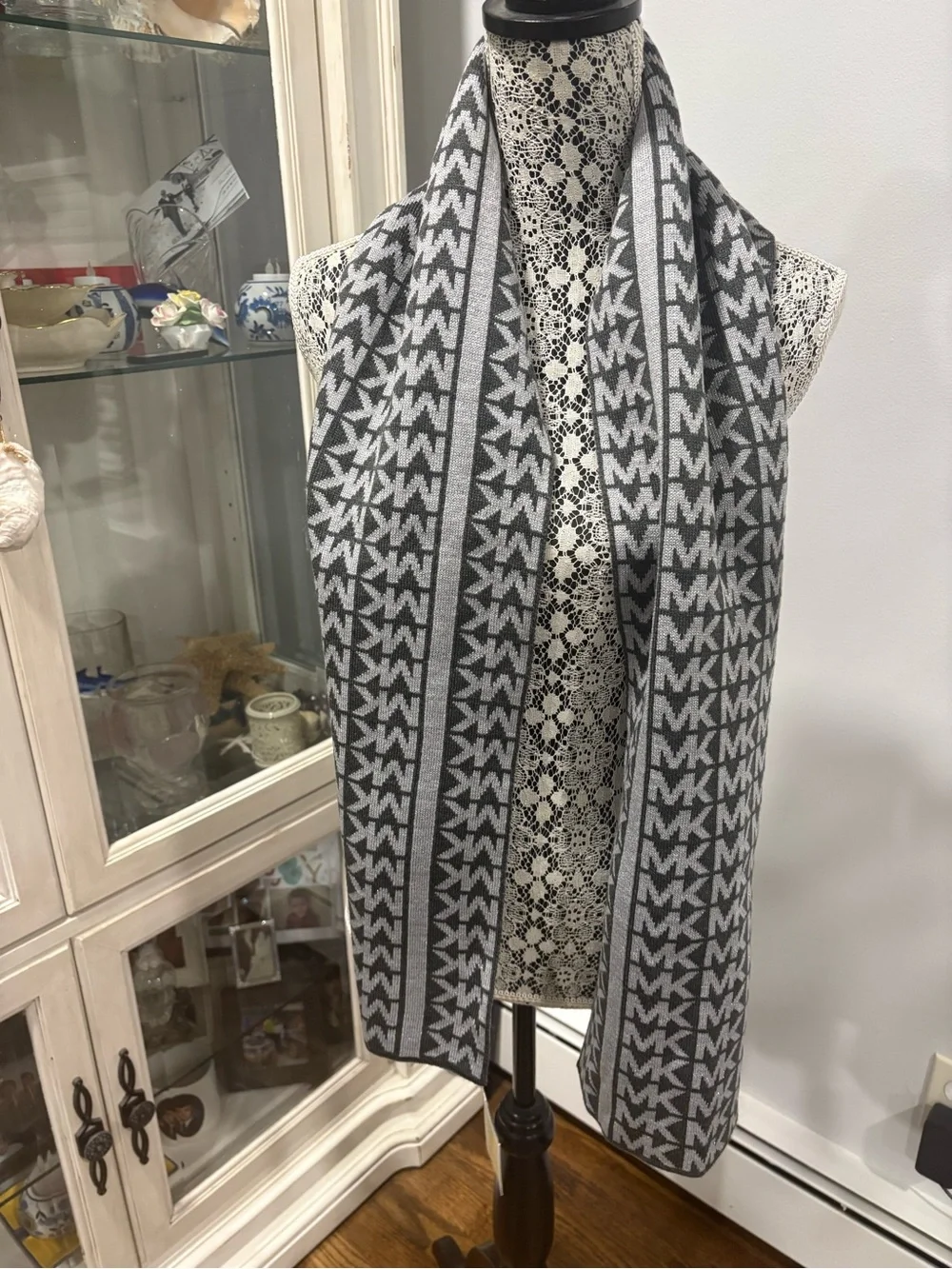 Michael Kors Gray and Dark Gray MK Logo Knit Scarf